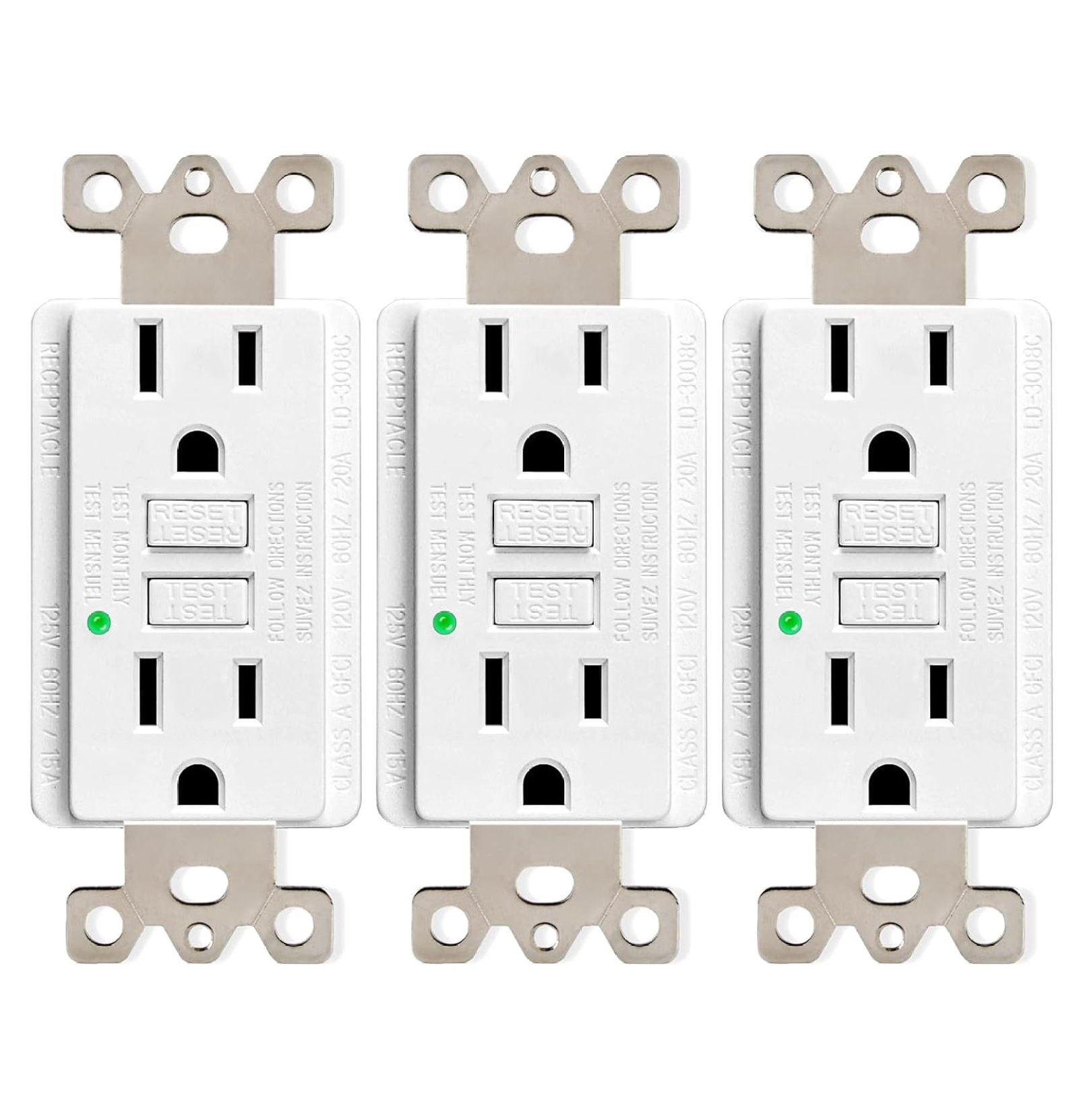 3 PACK 15A GFCI Outlet, Non-Tamper-Resistant GFI Duplex Receptacle with LED Indicator, Ground Fault Circuit Interrupter with Wall Plate Electrical Outlet Protecting , ETL UL Listed