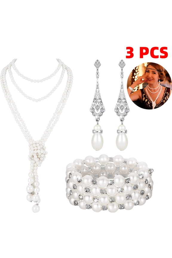 3 PACK 1920s Pearl Jewelry Set Including Vintage Flapper Earrings Multilayer Imitation Pearl Necklace Bracelet for Women (Delicate) white
