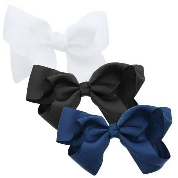 3 PACK 5.5 Inch Grosgrain Hair Bow Clip For Woman And Girls (Navy Black White)