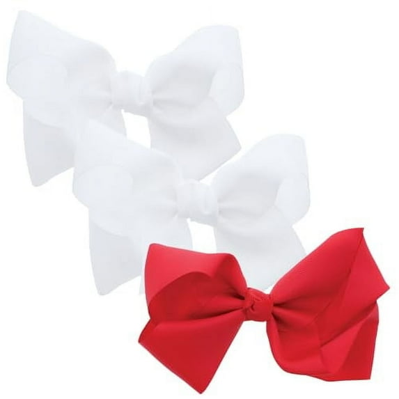 3 PACK 5.5 Inch Grosgrain Hair Bow Clip For Woman And Girls (White Red)
