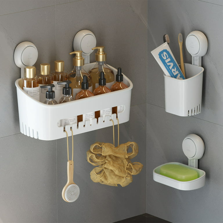 Phancir 5 Pcs Corner Shower Caddy Shower Organizer, 2 Tier Self-Adhesive Bathroom Organizer Shower Caddy Basketwith Soap & Toothbrush Holder, Wall