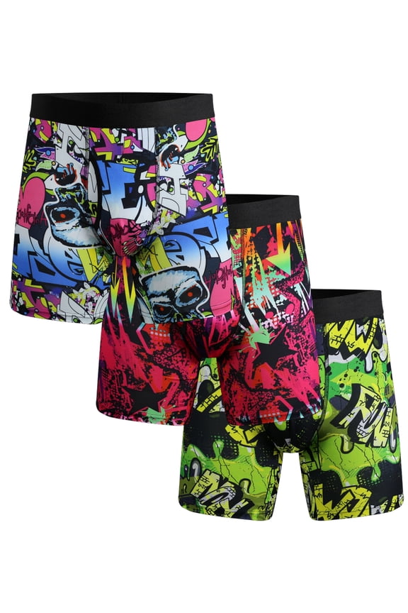 3 PACK Big and Tall Mens Boxer Briefs Scrawl Print Plus Size Underwear With Fly Comfy Breathable Boxers