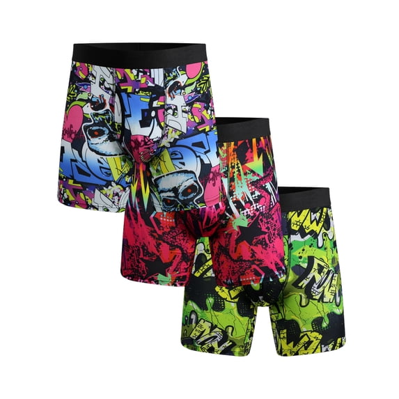 3 PACK Big and Tall Mens Boxer Briefs Scrawl Print Plus Size Underwear With Fly Comfy Breathable Boxers