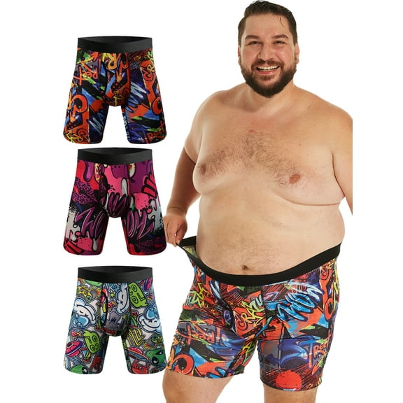 3 PACK Big and Tall Mens Boxer Briefs Scrawl Print Plus Size Underwear With Fly Comfy Breathable Boxers