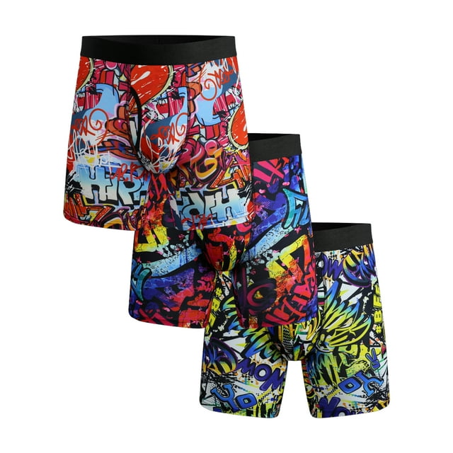 3 PACK Big and Tall Mens Boxer Briefs Scrawl Print Plus Size Underwear With Fly Comfy Breathable Boxers