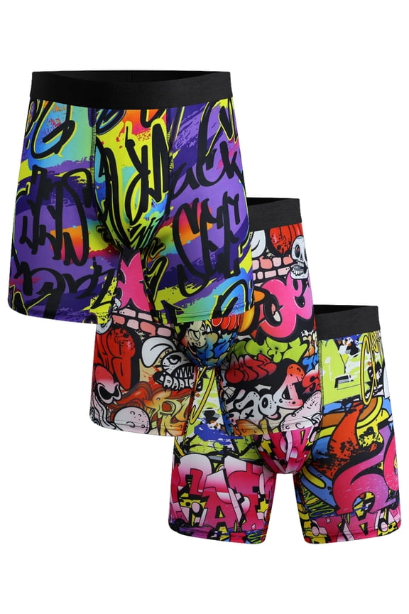 3 PACK Big and Tall Mens Boxer Briefs Scrawl Print Plus Size Underwear With Fly Comfy Breathable Boxers