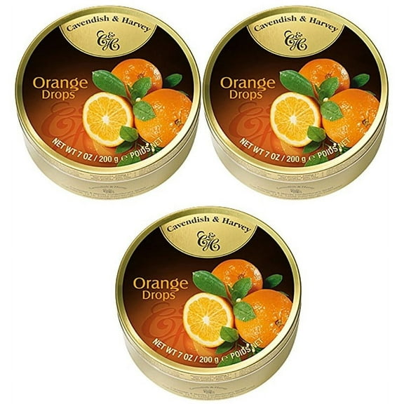 3 PACK - CAVENDISH & HARVEY Fruity Orange Hard Candy Drops 7 oz/ 200g each tin