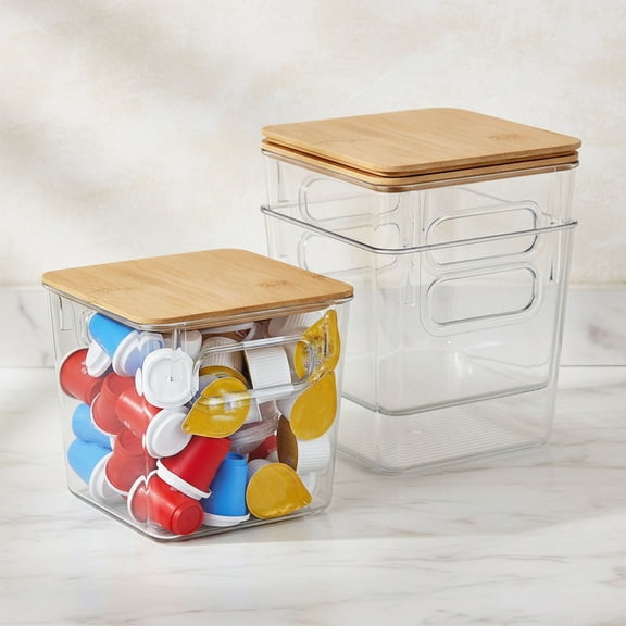 3 PACK Coffee Pod Holder K Cup Organizer Large Capacity Clear Storage Container Bins with Bamboo Lids for Coffee Bar Organization and Storage
