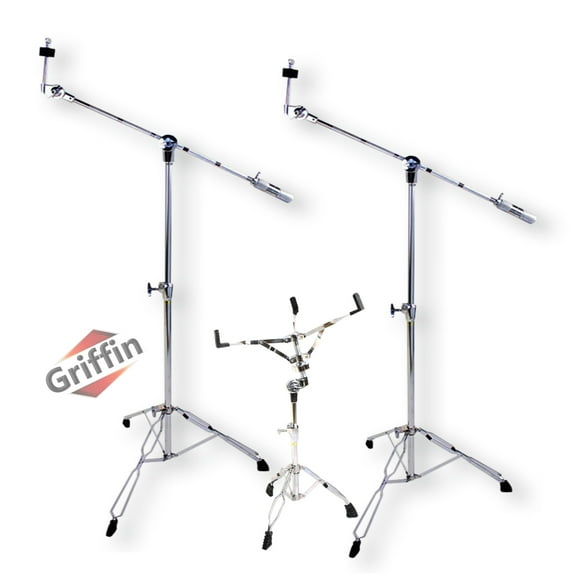 3 PACK - Cymbal Stand With Boom Arm & Snare Drum Stand Kit by Griffin Percussion Chrome Gear Hardware Set with Double Braced Legs Counterweight Adapter for Mounting Crash, Ride, Splash Cymbals