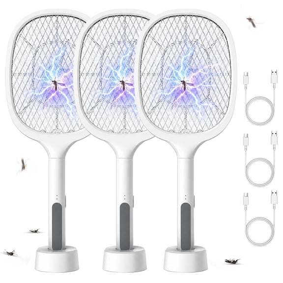 3 PACK Electric Fly Swatter Bug Zapper Racket, 2 in 1 Handheld Fly Zapper & Purple Mosquito Killer Rechargeable and 3-Layer Safety for Indoor Home Office Backyard Patio Camping