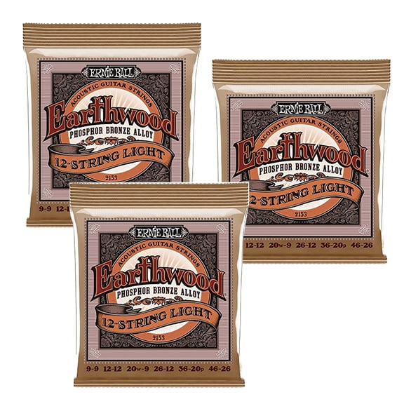 3 PACK Ernie Ball P02153 Earthwood 12-string Light Phosphor Bronze Acoustic String Set .009 - .046