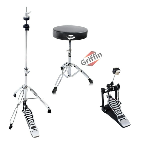 3 PACK Griffin Drum Hardware Set - Bass Drum Kick Pedal, Drummers Throne Seat & Hi-Hat Cymbal Stand Deluxe Chrome Slip-Proof Gear Holder Percussion Set for Mounting Crash, Ride & Splash Cymbals