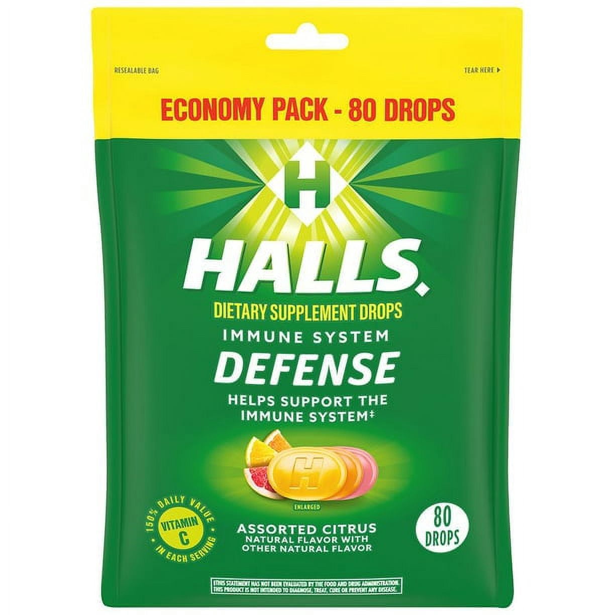 3 PACK - Halls INMUNE SYSTEM DEFENSE Assorted Citrus Vitamin C Drops ECONOMY PACK, Assorted Citrus 80.0ea ( 3 PACK = 240 DROPS)