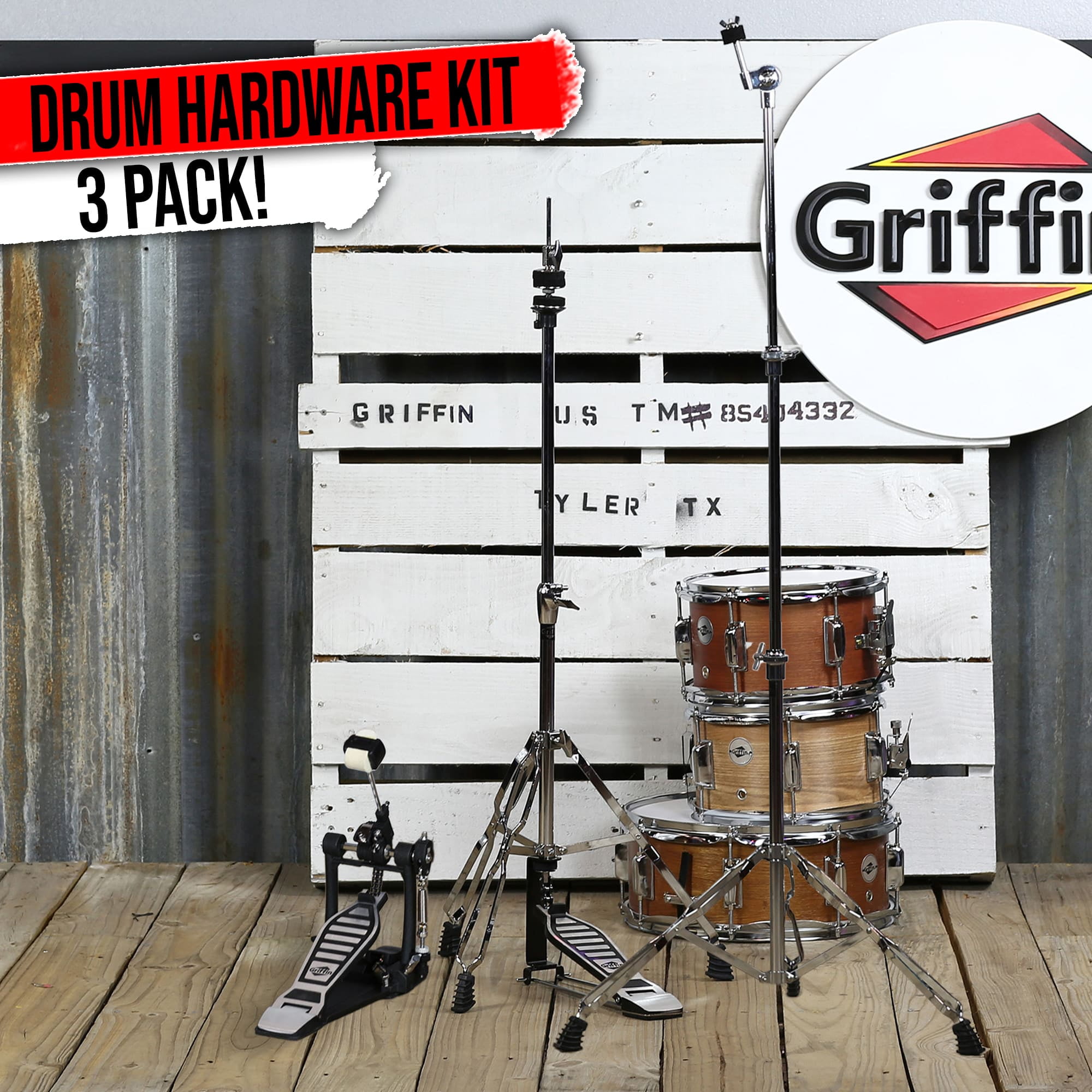 3-PACK Hi-Hat Pedal, Bass Pedal & Cymbal Stand by Griffin - Full Size Percussion