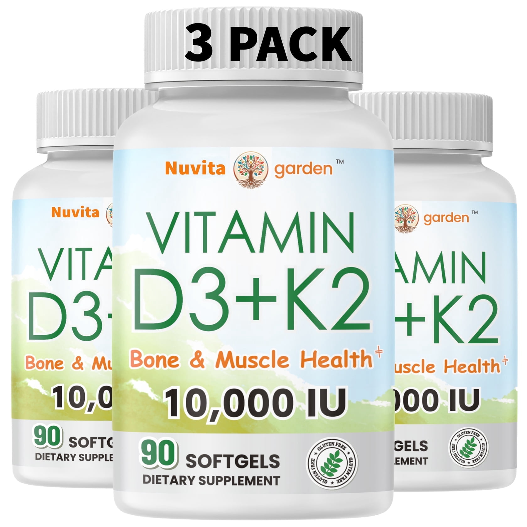 (3 PACK) K2-D3 10000 - Vitamin D3 K2 - Bioavailable Vitamin D 10,000 IU (Cholecalciferol) with Vitamin K2 MK-7 - Heart, Arterial, Bone Health + Immune Support Supplement (90 Softgels)