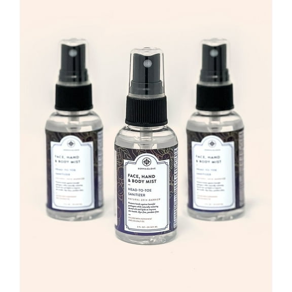 3 PACK KIT - FACE HAND & BODY MIST by DERMAGLOVE, 3 Mini 2 FL OZ spray bottles, Head-to-Toe sanitizing spray used at the Georgia Aquarium, 3  2 FL OZ Spray Bottles