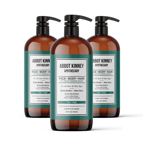 3 PACK - Men's 3-in-1 Moisturizing Shampoo, Conditioner, and Body Wash, Tea Tree 32oz by Abbot Kinney Apothecary by Los Angeles Brands