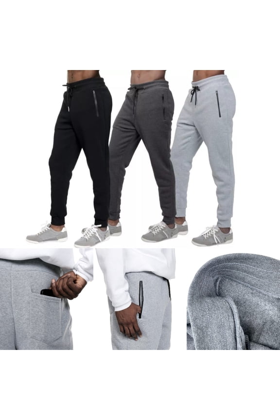 3 PACK: Men's Fleece Lined Slim Fit Casual Tech Jogger Sweatpants Zipper Pockets Black-Dark gray-Gray Size 2XL