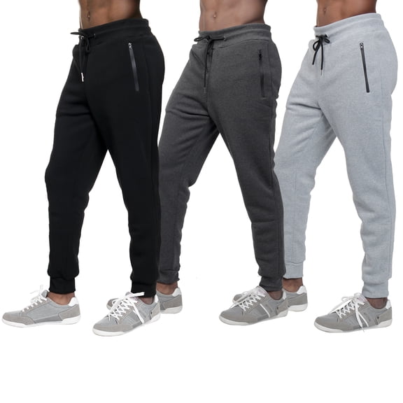 3 PACK: Men's Fleece Lined Slim Fit Casual Tech Jogger Sweatpants Zipper Pockets Black-Dark gray-Gray Size M