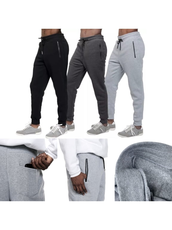 3 PACK: Men's Fleece Lined Slim Fit Casual Tech Jogger Sweatpants Zipper Pockets Black-Dark gray-Gray Size XL
