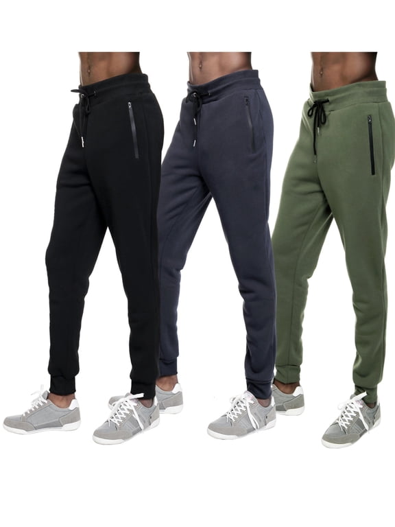 3 PACK: Men's Fleece Lined Slim Fit Casual Tech Jogger Sweatpants Zipper Pockets Black-Navy-Oliver Size XL