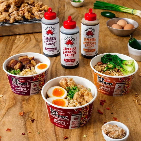 3 PACK Nissin Top Ramen Bachan's Beef Ramen Bowl with Bachan's Roasted Garlic Japanese Barbeque Sauce