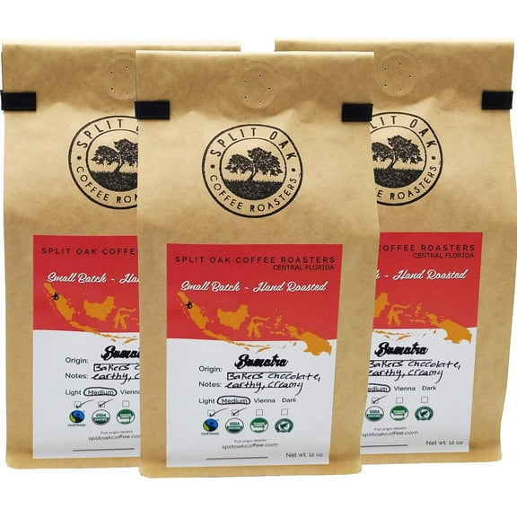 3 PACK Organic Sumatra Coffee Medium Roast Chocolate Espresso Beans, Hand Roasted 12 Oz, Whole Beans, Cold Brew, Indonesian Espresso Shots, Fair Trade Coffee Certified.