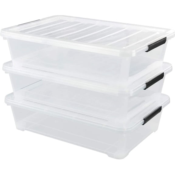 3-PACK Plastic Under bed Storage Box, Clear LATCH Bin with Lid, 40 Quart