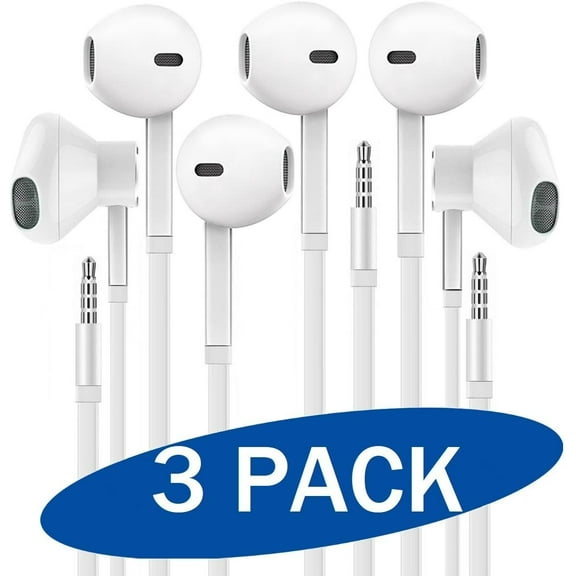 3-PACK Premium Earphones/Earbuds/Headphones with Stereo Mic&Remote Control Compatible with iPhone iPad iPod Samsung Galaxy & Android Smartphones, PC 3.5 mm Audio Jack - White