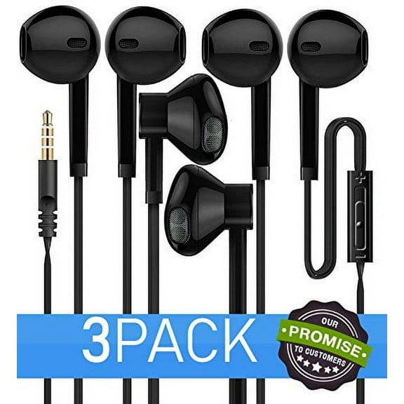 3-PACK Premium Earphones/Earbuds/Headphones with Stereo Mic&Remote Control Compatible for iPhone iPad iPod Samsung Galaxy and More Nexus Android Smartphones - Black