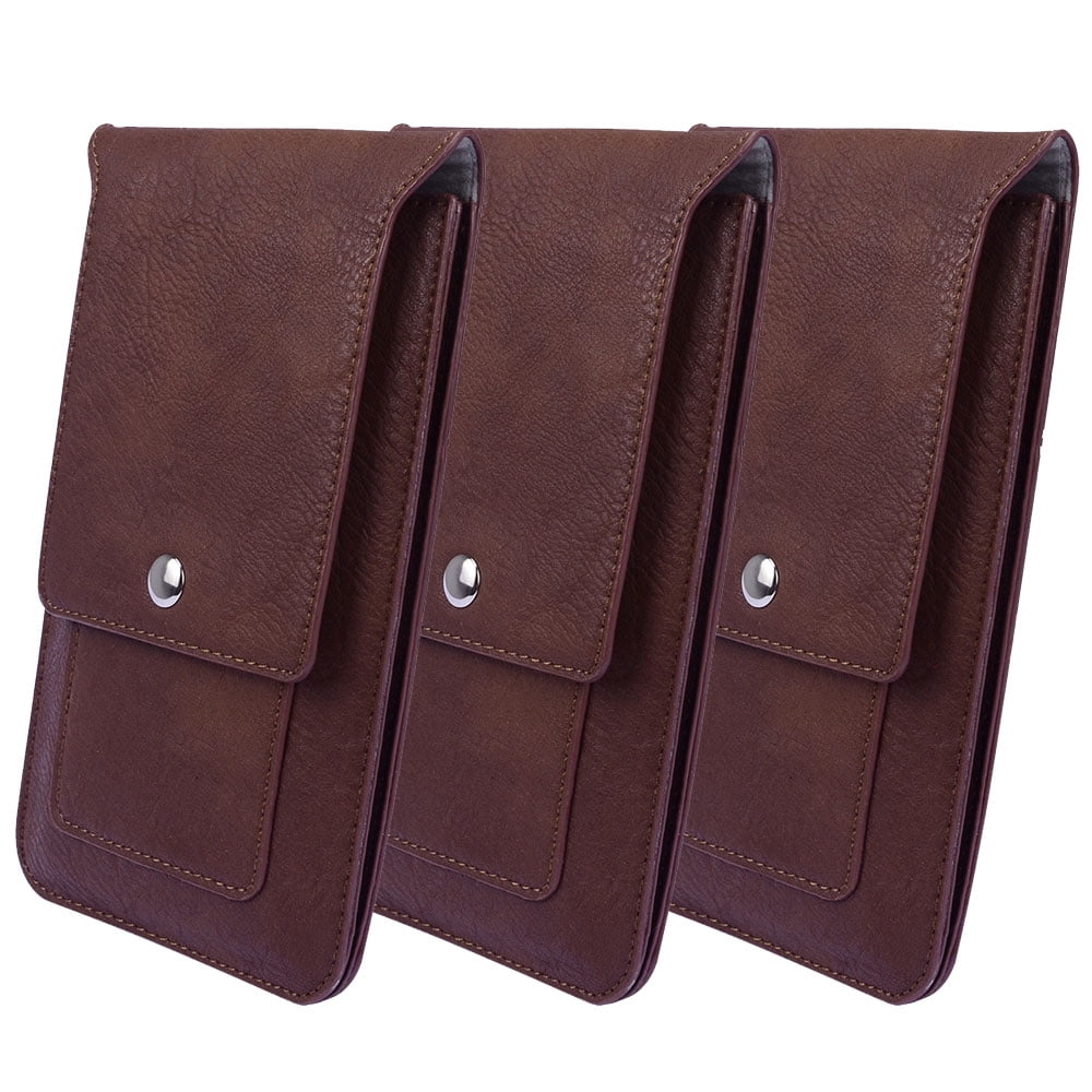 3-PACK: Professional Vegan Leather Vertical Smartphone Holster Wallet (Brown) with Belt Loop, Carabiner, Card Slots - fits Smartphones up to 6.5-inch iPhone XR/XS Max/XS/X/8+ Galaxy S10+/S9 Note 9/8