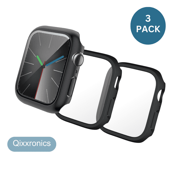 3-PACK Qixxronics For Apple Watch 45mm Series 8 Case, Black, with Built-in Glass Screen Protector