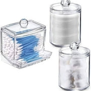 3 PACK Qtip Holder Dispenser and Apothecary Jars for Bathroom - 10OZ Clear Plastic Apothecary Jar Set for Bathroom Canister Storage Organization, Vanity Makeup Organizer