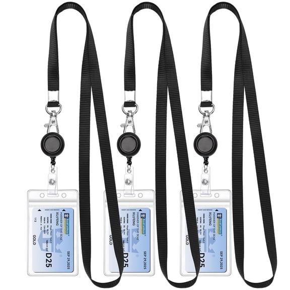 3 PACK Retractable Lanyards for ID Badges, Thick Clear Plastic ID Badge Holder with Lanyard and Badge Reel Clip for Name Work Cards, Cruise Ship Cards - Black