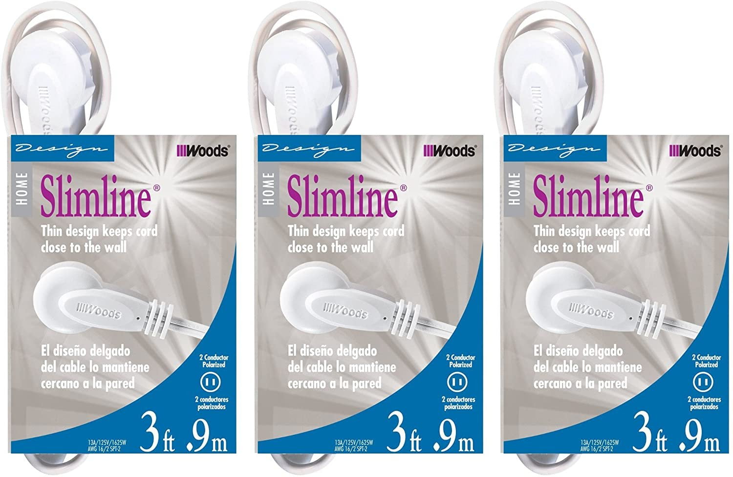 Woods 3-PACK - SlimLine 2235 Flat Plug Extension Cord, 2-Wire, White, 3-Foot — Indoor & Outdoor Use, NEC-Compliant