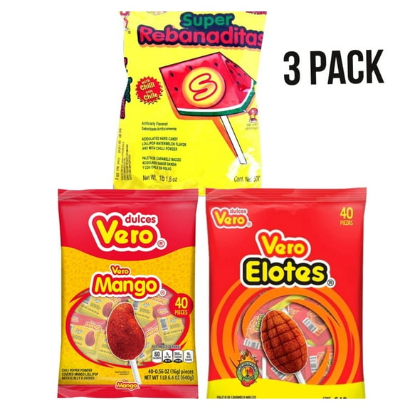 3 PACK | Spicy Mexican Candy Kit | Vero Mango, Vero Elote and Watermelon Rebanaditas Lollipops | Spicy on the outside, sweet on the inside | 40 piece lollipop in each bag(120 in total)