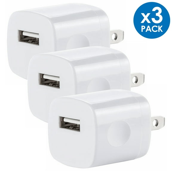 3-PACK USB Wall Charger, 1A/5V 1-Port USB Wall Plug Travel Charging Adapter Compatible with iPhone 6 / 7 / 8 / X / XR / 11 / 12 / 13, Samsung Galaxy S8, S9, S10, S10e, A90, Universal, White