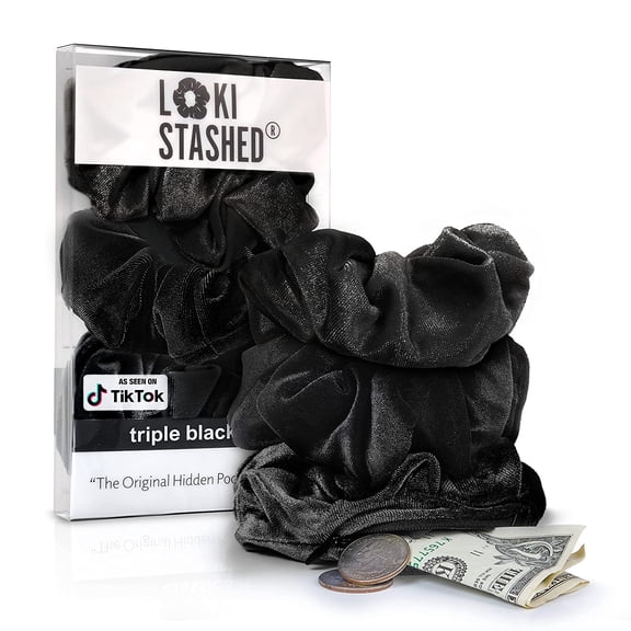 3-PACK Velvet Hair Tie Scrunchies for VSCO Girls & Women, THE ORIGINAL HIDDEN POCKET SCRUNCHIE with Zipper Pocket Storage, Accessories, Small Items, Keys, Money (Triple Black Set)