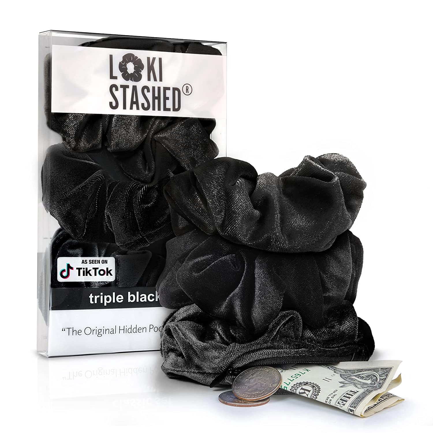 3-PACK Velvet Hair Tie Scrunchies for VSCO Girls & Women, THE ORIGINAL HIDDEN POCKET SCRUNCHIE with Zipper Pocket Storage, Accessories, Small Items, Keys, Money (Triple Black Set)