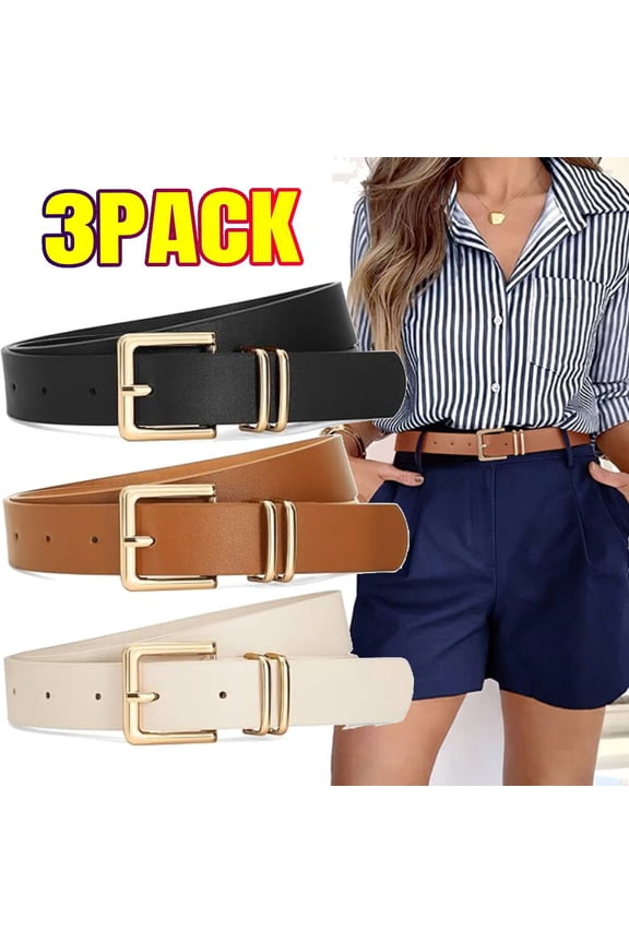 3 PACK Women's Leather Adjustable Belt Set - Gold Buckle Waist Belts for Pants, Jeans & Dresses