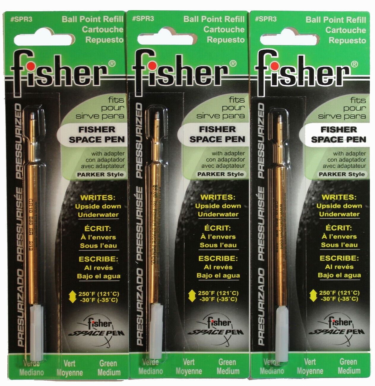 3 PACK of Fisher Space Pen Ballpoint Pressurized Refills GREEN Ink Medium Point