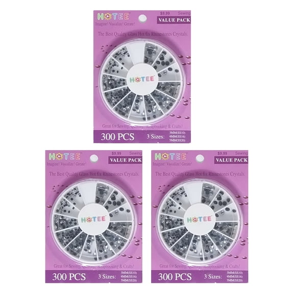 3 PACKS OF HOTEE Hotfix Rhinestones Glass Crystals- CLEAR CRYSTALS- VALUE PACK 900 pcs 3 sizes stones Free Storage Case Great for Quilting Sewing Scrapbooking Renaissance Costumes General crafts