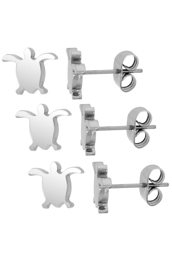 3 PAIR PACK Small Stainless Steel Sea Turtle Stud Earrings, 3/8 inch