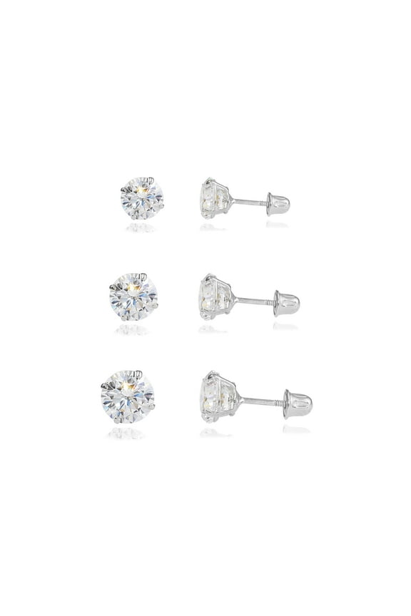 3 PAIR SET! 10K White Gold Solitaire Round CZ Stud Post Earrings with Secure Screw-backs | 2.5mm, 3mm, 4mm | Women, Men, Unisex