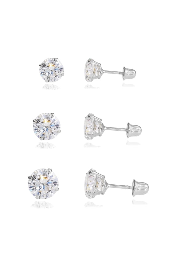 3 PAIR SET! 10K White Gold Solitaire Round CZ Stud Post Earrings with Secure Screw-backs | 3mm, 4mm, 5mm | Women, Men, Unisex