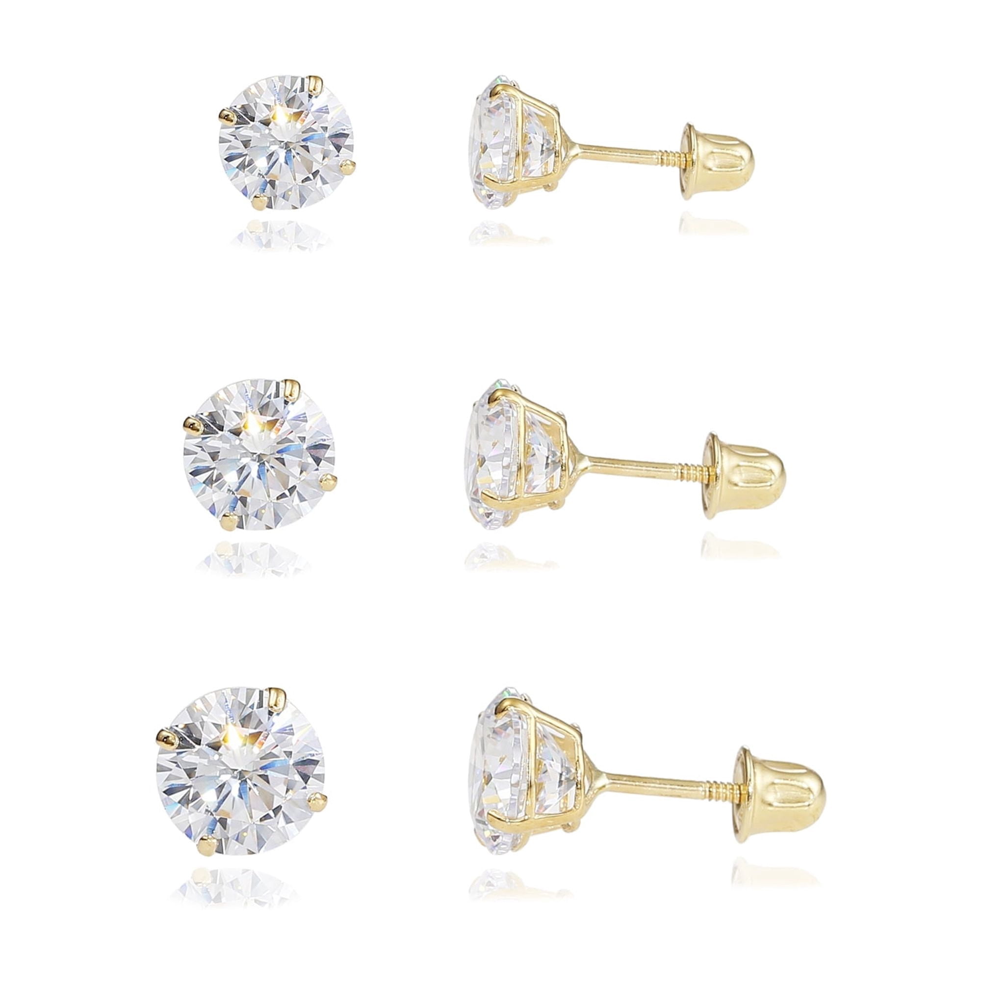 3 PAIR SET! 10K Yellow Gold Solitaire Round CZ Stud Post Earrings with Secure Screw-backs | 2.5mm, 3mm, 4mm | Women, Men, Unisex