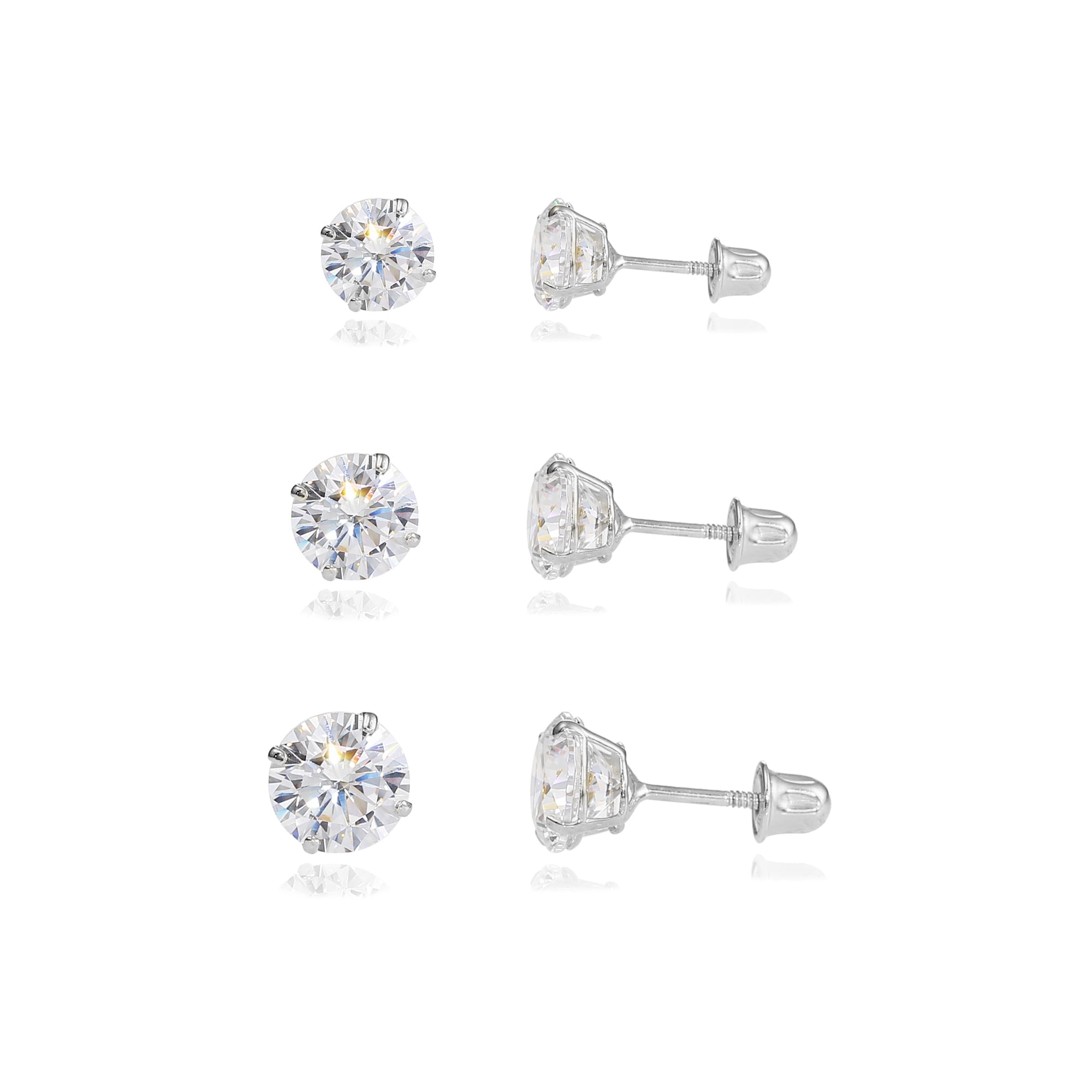 3 PAIR SET! 14K White Gold Solitaire Round CZ Stud Post Earrings with Secure Screw-backs | 2.5mm, 3mm, 4mm | Women, Men, Unisex