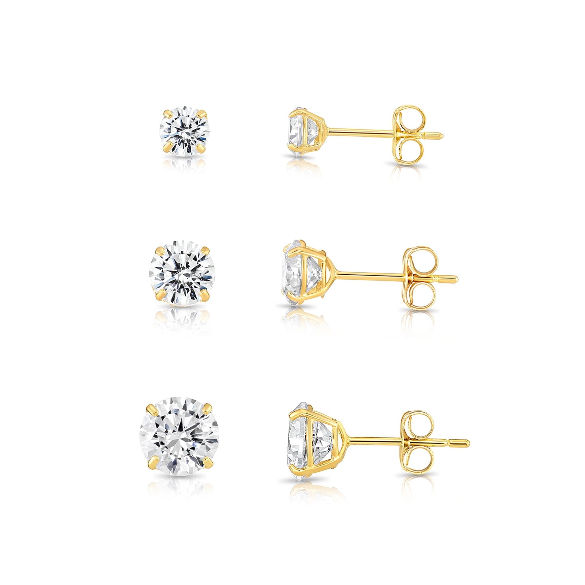 3 PAIR SET! 14K Yellow Gold Solitaire Round CZ Stud Post Earrings with Secure Push-backs | 2.5mm, 3mm, 4mm | Women, Men, Unisex
