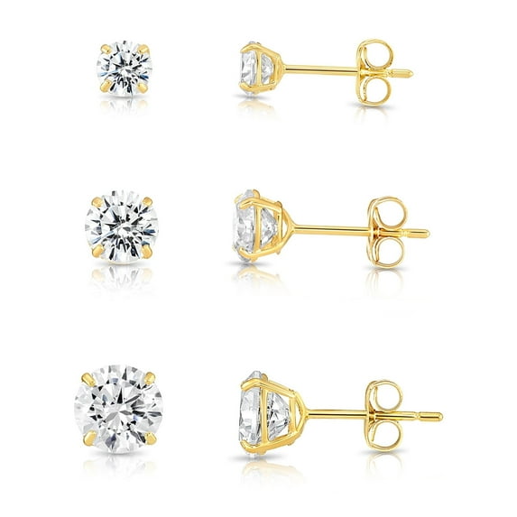 3 PAIR SET! 14K Yellow Gold Solitaire Round CZ Stud Post Earrings with Secure Push-backs | 3mm, 4mm, 5mm | Women, Men, Unisex