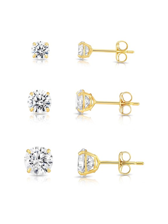 3 PAIR SET! 14K Yellow Gold Solitaire Round CZ Stud Post Earrings with Secure Push-backs | 3mm, 4mm, 5mm | Women, Men, Unisex
